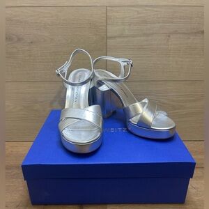 Stuart Weitzman Dayna Women 8 Silver Crisscross Strap Platform Sandal HAWK1872